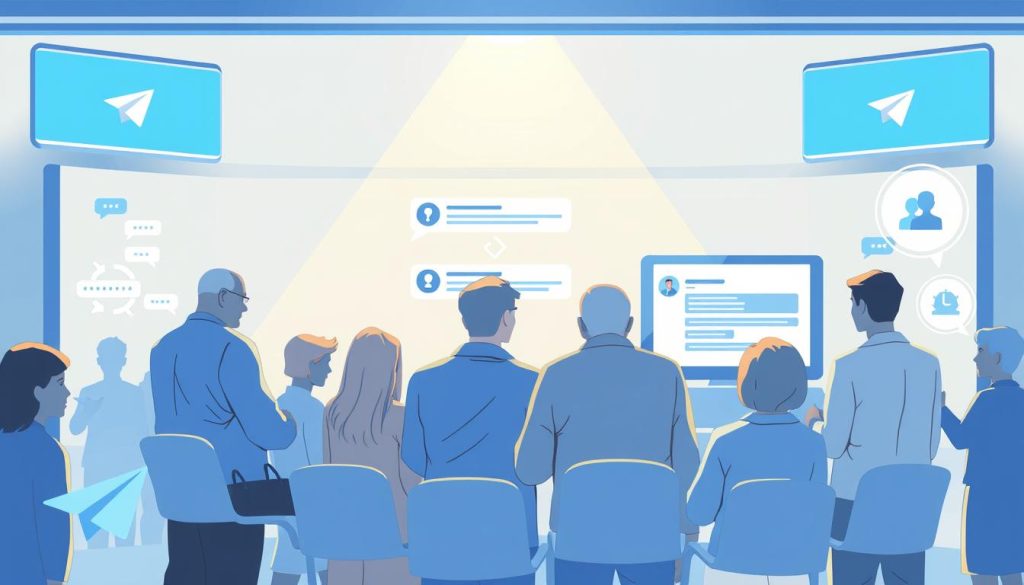 A brightly lit, high-resolution illustration showcasing the key differences between Telegram channels and groups. In the foreground, a group chat with multiple participants exchanging messages, while in the background, a single-author channel broadcasting information to its subscribers. The scene should emphasize the distinct purposes and functionalities of these two Telegram communication tools, with clean, modern visuals and a cool, minimalist color palette to match the technology theme. Detailed icons or infographic-style elements could be used to highlight the specific features that distinguish channels from groups. The overall composition should be visually engaging and effectively communicate the core concepts described in the section title. A brightly lit, high-resolution illustration showcasing the key differences between Telegram channels and groups. In the foreground, a group chat with multiple participants exchanging messages, while in the background, a single-author channel broadcasting information to its subscribers. The scene should emphasize the distinct purposes and functionalities of these two Telegram communication tools, with clean, modern visuals and a cool, minimalist color palette to match the technology theme. Detailed icons or infographic-style elements could be used to highlight the specific features that distinguish channels from groups. The overall composition should be visually engaging and effectively communicate the core concepts described in the section title.