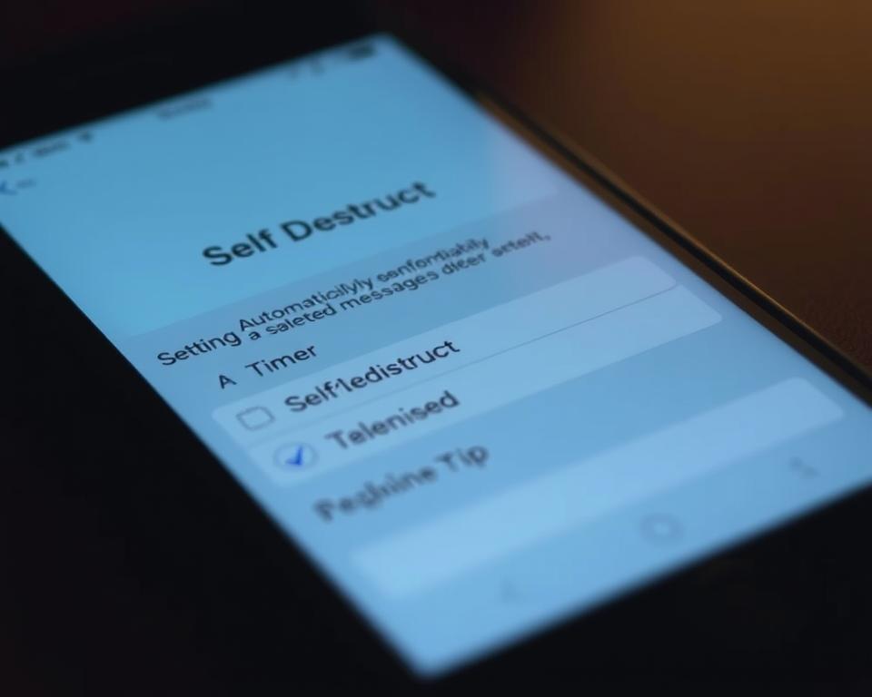 A close-up of a smartphone screen displaying the Telegram app's "Self-Destruct" feature settings. The screen is dimly lit, with a soft, bluish tint to create a subtle, confidential atmosphere. The interface is clean and intuitive, with clearly labeled options for setting a timer to automatically delete sent messages after a specified duration. The background is blurred, keeping the focus on the phone's display and the self-destruct functionality. A close-up of a smartphone screen displaying the Telegram app's "Self-Destruct" feature settings. The screen is dimly lit, with a soft, bluish tint to create a subtle, confidential atmosphere. The interface is clean and intuitive, with clearly labeled options for setting a timer to automatically delete sent messages after a specified duration. The background is blurred, keeping the focus on the phone's display and the self-destruct functionality.