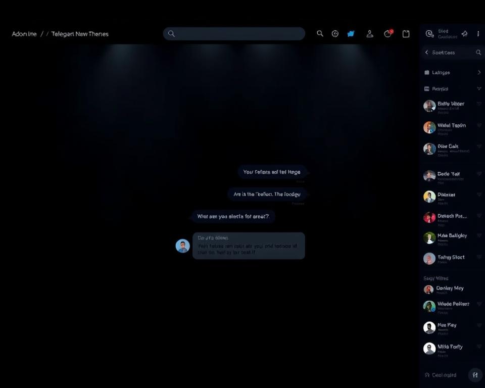 A dark, moody Telegram interface with a sleek, minimalist design. The main screen features a central chat window with a conversation in progress, the message bubbles and UI elements rendered in shades of gray and black against a deep, inky background. Subtle lighting from the sides casts dramatic shadows, creating depth and a sense of solemnity. The top navigation bar and side menu are also styled in the dark theme, their icons and text softly illuminated. An overall atmosphere of sophistication and tranquility, perfectly suited for late-night use. A dark, moody Telegram interface with a sleek, minimalist design. The main screen features a central chat window with a conversation in progress, the message bubbles and UI elements rendered in shades of gray and black against a deep, inky background. Subtle lighting from the sides casts dramatic shadows, creating depth and a sense of solemnity. The top navigation bar and side menu are also styled in the dark theme, their icons and text softly illuminated. An overall atmosphere of sophistication and tranquility, perfectly suited for late-night use.