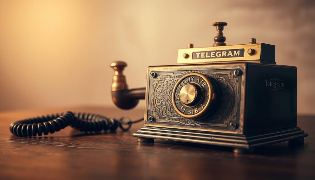 A detailed and well-lit image of a classic telegram device from the early 20th century. The foreground features the key components - the rotary dial, the handset, and the brass body with intricate engravings. The middle ground shows the device resting on a dark wooden table, casting soft shadows. The background is a subtly blurred studio setting with neutral tones, emphasizing the device's vintage aesthetic. The lighting is warm and directional, highlighting the textures and metallic accents. The overall mood is one of nostalgia and historical significance, fitting the topic of Telegram and its origins. A detailed and well-lit image of a classic telegram device from the early 20th century. The foreground features the key components - the rotary dial, the handset, and the brass body with intricate engravings. The middle ground shows the device resting on a dark wooden table, casting soft shadows. The background is a subtly blurred studio setting with neutral tones, emphasizing the device's vintage aesthetic. The lighting is warm and directional, highlighting the textures and metallic accents. The overall mood is one of nostalgia and historical significance, fitting the topic of Telegram and its origins.