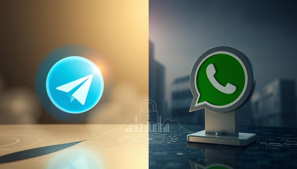 A detailed comparison of Telegram and WhatsApp encryption, depicted through a striking visual contrast. In the foreground, a Telegram logo shines with a sleek, modern aesthetic, enveloped in a serene, ethereal glow. Opposite, the WhatsApp logo stands in a more muted, subdued tone, conveying a sense of solidity and reliability. The middle ground showcases intricate data visualization elements, representing the underlying encryption algorithms and security protocols that define the unique strengths of each messaging platform. The background subtly hints at the broader digital landscape, with a softly blurred cityscape or technological motifs providing context. Crisp, high-resolution rendering with a cinematic lighting setup, capturing the nuanced differences between the two messaging giants in a visually compelling manner. A detailed comparison of Telegram and WhatsApp encryption, depicted through a striking visual contrast. In the foreground, a Telegram logo shines with a sleek, modern aesthetic, enveloped in a serene, ethereal glow. Opposite, the WhatsApp logo stands in a more muted, subdued tone, conveying a sense of solidity and reliability. The middle ground showcases intricate data visualization elements, representing the underlying encryption algorithms and security protocols that define the unique strengths of each messaging platform. The background subtly hints at the broader digital landscape, with a softly blurred cityscape or technological motifs providing context. Crisp, high-resolution rendering with a cinematic lighting setup, capturing the nuanced differences between the two messaging giants in a visually compelling manner.