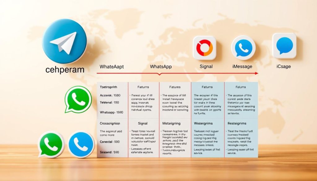 A detailed comparison of Telegram and other popular instant messaging apps, depicted with a visually striking and informative layout. The foreground showcases the Telegram logo alongside the logos of competing services such as WhatsApp, Signal, and iMessage, all rendered in a clean, minimalist style with a subtle 3D effect. The middle ground presents key features and functionalities of each app in an organized grid, allowing for easy side-by-side comparison. The background features a stylized world map, hinting at the global reach and connectivity of these communication platforms. Warm, neutral lighting creates a professional, authoritative tone, while a slightly high camera angle suggests an objective, impartial perspective. The overall composition strikes a balance between visual appeal and informative clarity, making it an effective illustration for the article's comparative section. A detailed comparison of Telegram and other popular instant messaging apps, depicted with a visually striking and informative layout. The foreground showcases the Telegram logo alongside the logos of competing services such as WhatsApp, Signal, and iMessage, all rendered in a clean, minimalist style with a subtle 3D effect. The middle ground presents key features and functionalities of each app in an organized grid, allowing for easy side-by-side comparison. The background features a stylized world map, hinting at the global reach and connectivity of these communication platforms. Warm, neutral lighting creates a professional, authoritative tone, while a slightly high camera angle suggests an objective, impartial perspective. The overall composition strikes a balance between visual appeal and informative clarity, making it an effective illustration for the article's comparative section.