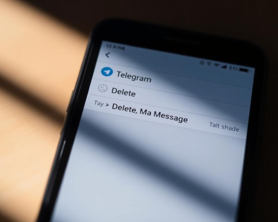 A dimly lit, close-up view of a smartphone screen, displaying the Telegram messaging app interface. The focus is on the "Delete Message" options, showcasing the step-by-step process to remove a sent message. The screen is illuminated by a soft, natural light, casting subtle shadows and highlights on the UI elements. The background is blurred, drawing the viewer's attention to the detailed interaction with the app. The overall mood is one of focused task completion, with a clean, minimalist aesthetic reflecting the simplicity of the Telegram deletion workflow. A dimly lit, close-up view of a smartphone screen, displaying the Telegram messaging app interface. The focus is on the "Delete Message" options, showcasing the step-by-step process to remove a sent message. The screen is illuminated by a soft, natural light, casting subtle shadows and highlights on the UI elements. The background is blurred, drawing the viewer's attention to the detailed interaction with the app. The overall mood is one of focused task completion, with a clean, minimalist aesthetic reflecting the simplicity of the Telegram deletion workflow.