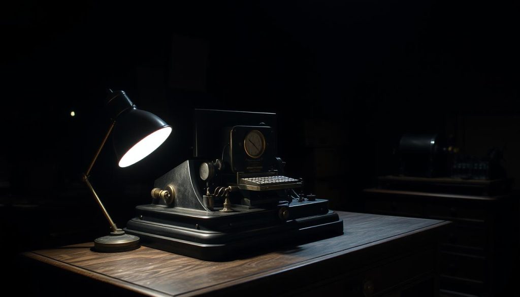 A dimly lit, industrial setting featuring a vintage telegraph machine. The device sits on a sturdy wooden desk, its brass accents gleaming under the soft glow of a nearby lamp. The background is a mixture of shadowy corners and the faint outlines of other office equipment, hinting at the historical context. The scene evokes a sense of nostalgia and the bygone era of analog communication. The lighting creates a warm, contemplative atmosphere, inviting the viewer to imagine the messages that once traveled through this iconic piece of technology. A dimly lit, industrial setting featuring a vintage telegraph machine. The device sits on a sturdy wooden desk, its brass accents gleaming under the soft glow of a nearby lamp. The background is a mixture of shadowy corners and the faint outlines of other office equipment, hinting at the historical context. The scene evokes a sense of nostalgia and the bygone era of analog communication. The lighting creates a warm, contemplative atmosphere, inviting the viewer to imagine the messages that once traveled through this iconic piece of technology.