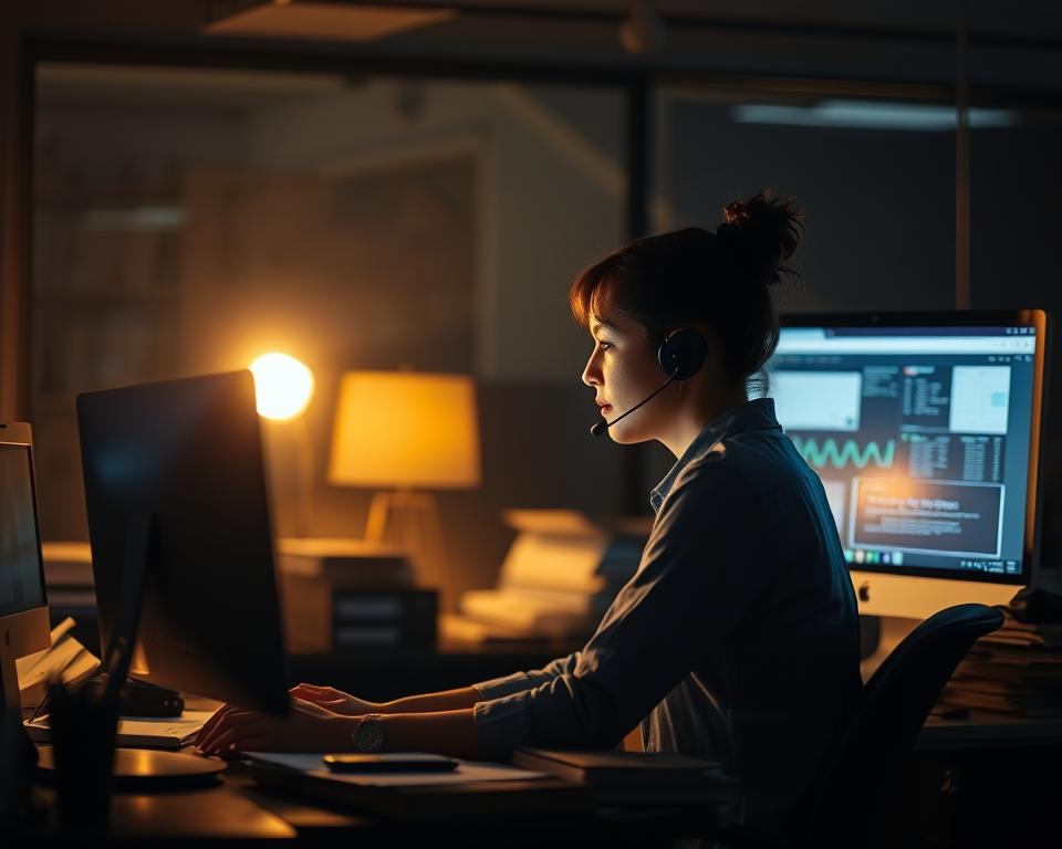 A dimly lit office scene, with a customer service representative sitting at a desk, intently focused on a computer screen. The desk is cluttered with documents and office supplies, creating a sense of a busy and productive workspace. Soft, warm lighting illuminates the scene, casting subtle shadows and highlighting the details of the representative's face as they engage with the computer. The background is slightly blurred, conveying a sense of depth and emphasis on the central figure. The overall atmosphere is one of professionalism and efficiency, capturing the essence of providing effective customer support. A dimly lit office scene, with a customer service representative sitting at a desk, intently focused on a computer screen. The desk is cluttered with documents and office supplies, creating a sense of a busy and productive workspace. Soft, warm lighting illuminates the scene, casting subtle shadows and highlighting the details of the representative's face as they engage with the computer. The background is slightly blurred, conveying a sense of depth and emphasis on the central figure. The overall atmosphere is one of professionalism and efficiency, capturing the essence of providing effective customer support.