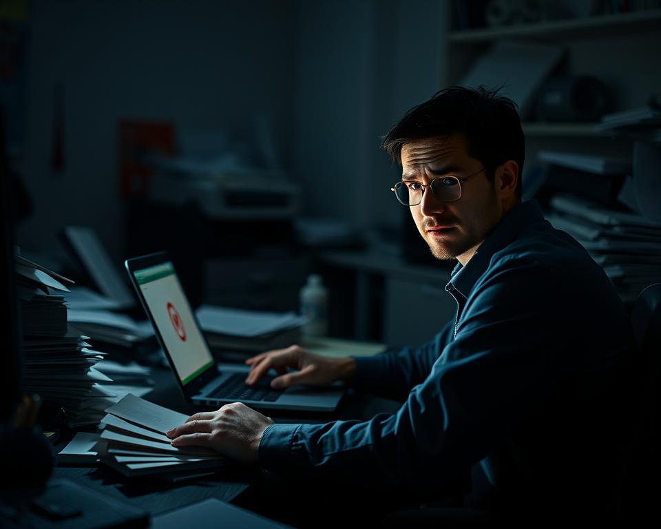 A dimly lit office setting, with a laptop on a cluttered desk surrounded by piles of papers and office supplies. The screen displays a "验证码问题" error message, casting an eerie glow on the user's frustrated expression. The lighting is dramatic, with shadows and highlights accentuating the tension and difficulty of the situation. The camera angle is slightly low, emphasizing the user's sense of being overwhelmed by the technical problem. The overall mood is one of confusion, annoyance, and the need for a solution to this common issue. A dimly lit office setting, with a laptop on a cluttered desk surrounded by piles of papers and office supplies. The screen displays a "验证码问题" error message, casting an eerie glow on the user's frustrated expression. The lighting is dramatic, with shadows and highlights accentuating the tension and difficulty of the situation. The camera angle is slightly low, emphasizing the user's sense of being overwhelmed by the technical problem. The overall mood is one of confusion, annoyance, and the need for a solution to this common issue.