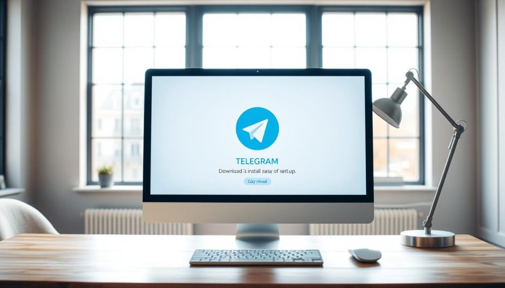 A modern desktop computer with a clean, minimalist design, prominently displaying the Telegram logo on the screen. The computer is placed on a wooden desk, with a stylish desk lamp illuminating the scene. The room has large windows, allowing natural light to stream in and create a warm, inviting atmosphere. The walls are painted in a soothing, neutral color palette, and the overall scene conveys a sense of productivity and efficiency. The focus is on the Telegram installation process, with the computer screen displaying clear, easy-to-follow instructions for downloading and setting up the application. A modern desktop computer with a clean, minimalist design, prominently displaying the Telegram logo on the screen. The computer is placed on a wooden desk, with a stylish desk lamp illuminating the scene. The room has large windows, allowing natural light to stream in and create a warm, inviting atmosphere. The walls are painted in a soothing, neutral color palette, and the overall scene conveys a sense of productivity and efficiency. The focus is on the Telegram installation process, with the computer screen displaying clear, easy-to-follow instructions for downloading and setting up the application.