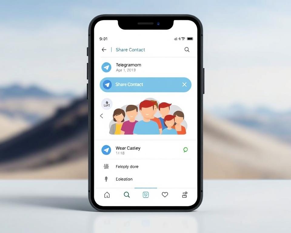 A neatly organized Telegram contact sharing interface, with a clean and minimalistic design. The foreground features a stylized phone display showcasing the "Share Contact" functionality, with smooth UI elements and intuitive controls. The middle ground depicts a group of friendly avatars, symbolizing the act of sharing contact information with others. The background has a subtle gradient or blurred landscape, creating a sense of depth and focus on the central sharing process. The overall mood is one of effortless connectivity, seamless communication, and a positive, collaborative atmosphere. A neatly organized Telegram contact sharing interface, with a clean and minimalistic design. The foreground features a stylized phone display showcasing the "Share Contact" functionality, with smooth UI elements and intuitive controls. The middle ground depicts a group of friendly avatars, symbolizing the act of sharing contact information with others. The background has a subtle gradient or blurred landscape, creating a sense of depth and focus on the central sharing process. The overall mood is one of effortless connectivity, seamless communication, and a positive, collaborative atmosphere.