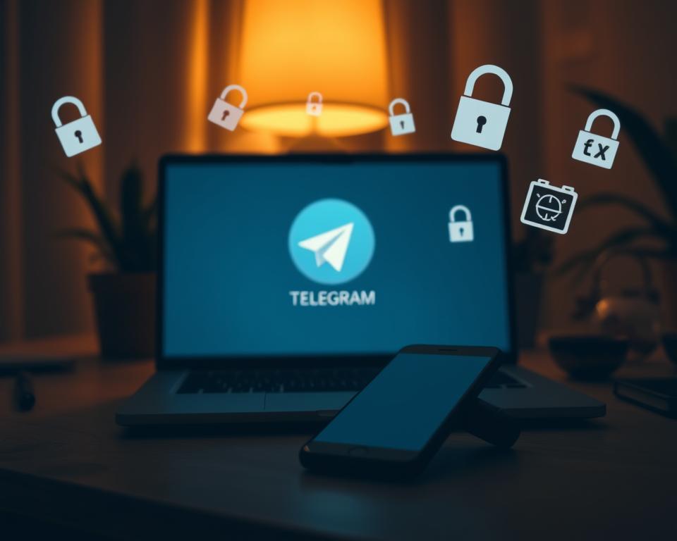 A serene, dimly lit home office setting with a laptop, smartphone, and security-focused digital icons floating around. The laptop screen displays the Telegram logo, hinting at the app's security features. Warm, ambient lighting creates a cozy, contemplative atmosphere, while subtle shadows and highlights add depth and dimension. The smartphone, placed prominently, suggests the importance of mobile security in the context of Telegram. The digital icons, such as lock symbols, encryption keys, and two-factor authentication prompts, convey the advanced security measures associated with the messaging app. The overall composition strikes a balance between technology and a sense of personal, private space, reflecting the section's focus on enhancing Telegram account security. A serene, dimly lit home office setting with a laptop, smartphone, and security-focused digital icons floating around. The laptop screen displays the Telegram logo, hinting at the app's security features. Warm, ambient lighting creates a cozy, contemplative atmosphere, while subtle shadows and highlights add depth and dimension. The smartphone, placed prominently, suggests the importance of mobile security in the context of Telegram. The digital icons, such as lock symbols, encryption keys, and two-factor authentication prompts, convey the advanced security measures associated with the messaging app. The overall composition strikes a balance between technology and a sense of personal, private space, reflecting the section's focus on enhancing Telegram account security.