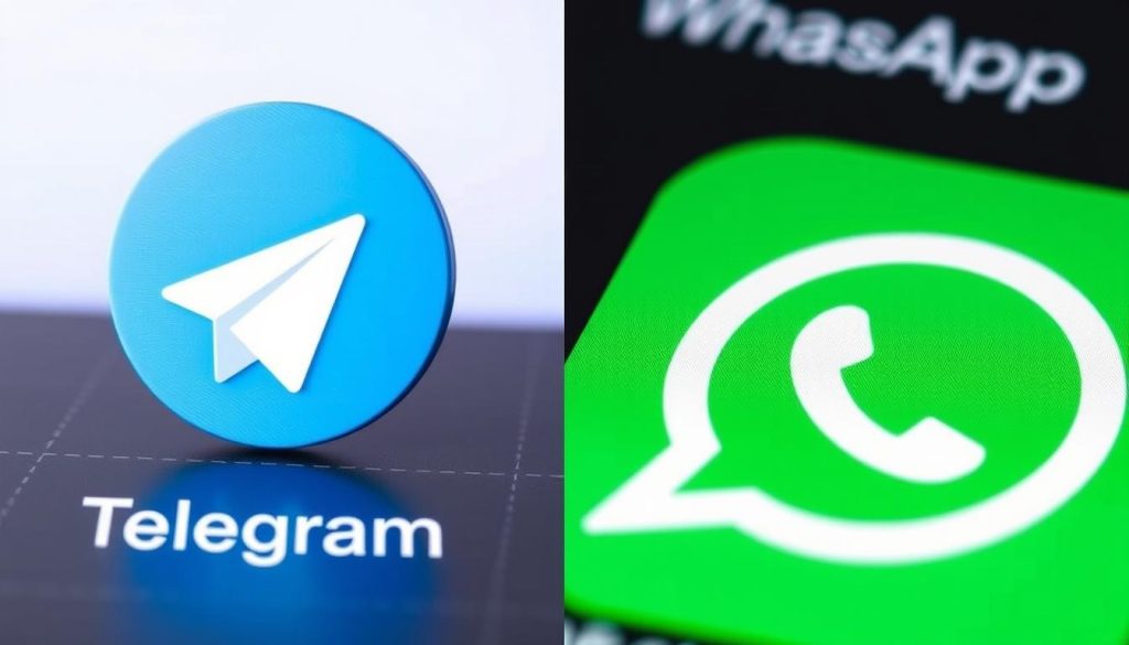 A side-by-side comparison of the iconic logos and user interfaces of the popular messaging apps Telegram and WhatsApp. The Telegram logo, a bold geometric paper plane, stands prominently in the foreground, its sleek minimalist design contrasting with the familiar green WhatsApp icon in the middle ground. The background features a subtle grid pattern, hinting at the technological foundations of these digital communication tools. The overall composition conveys a sense of clarity and functionality, capturing the essence of the differences between these two ubiquitous messaging platforms. A side-by-side comparison of the iconic logos and user interfaces of the popular messaging apps Telegram and WhatsApp. The Telegram logo, a bold geometric paper plane, stands prominently in the foreground, its sleek minimalist design contrasting with the familiar green WhatsApp icon in the middle ground. The background features a subtle grid pattern, hinting at the technological foundations of these digital communication tools. The overall composition conveys a sense of clarity and functionality, capturing the essence of the differences between these two ubiquitous messaging platforms.