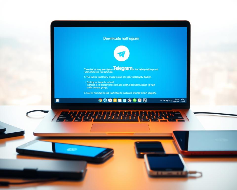 A sleek and modern laptop situated on a clean, minimalist desk, the screen displaying step-by-step instructions for downloading and installing the Telegram desktop application. The laptop is bathed in warm, diffused lighting, creating a welcoming and productive atmosphere. In the foreground, various electronic devices such as a smartphone and tablet are arranged, showcasing the versatility of the Telegram platform across multiple devices. The background features a subtle, blurred cityscape, hinting at the global reach and connectivity of the Telegram messaging service. The overall scene conveys a sense of ease and efficiency in setting up Telegram on a personal computer. A sleek and modern laptop situated on a clean, minimalist desk, the screen displaying step-by-step instructions for downloading and installing the Telegram desktop application. The laptop is bathed in warm, diffused lighting, creating a welcoming and productive atmosphere. In the foreground, various electronic devices such as a smartphone and tablet are arranged, showcasing the versatility of the Telegram platform across multiple devices. The background features a subtle, blurred cityscape, hinting at the global reach and connectivity of the Telegram messaging service. The overall scene conveys a sense of ease and efficiency in setting up Telegram on a personal computer.
