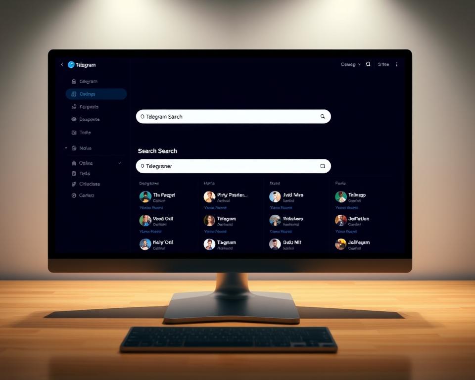A sleek, modern desktop interface showcasing a Telegram user search functionality. In the foreground, a search bar occupies the center of the screen, surrounded by a clean, minimalist design with subtle gradients and soft shadows. The middle ground features a list of Telegram user profiles, each with a profile picture, username, and online status indicator. The background maintains a muted, blurred effect, allowing the user search experience to take center stage. Lighting is soft and diffused, creating a pleasant, inviting atmosphere. The overall impression is one of efficiency, simplicity, and a focus on the core task of finding and connecting with Telegram users through their usernames. A sleek, modern desktop interface showcasing a Telegram user search functionality. In the foreground, a search bar occupies the center of the screen, surrounded by a clean, minimalist design with subtle gradients and soft shadows. The middle ground features a list of Telegram user profiles, each with a profile picture, username, and online status indicator. The background maintains a muted, blurred effect, allowing the user search experience to take center stage. Lighting is soft and diffused, creating a pleasant, inviting atmosphere. The overall impression is one of efficiency, simplicity, and a focus on the core task of finding and connecting with Telegram users through their usernames.