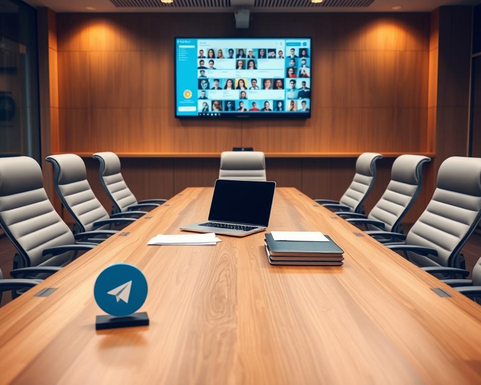 A well-lit, modern office setting with a large, wooden conference table surrounded by ergonomic chairs. On the table, a laptop, a stack of papers, and a Telegram logo paperweight. In the background, a wall-mounted display showcases a group chat interface with members' avatars. The lighting is warm and diffused, creating a professional yet collaborative atmosphere. The camera angle is slightly elevated, capturing the scene from an overhead perspective to emphasize the group management aspect. The overall composition conveys the efficient organization and administration of a large Telegram group. A well-lit, modern office setting with a large, wooden conference table surrounded by ergonomic chairs. On the table, a laptop, a stack of papers, and a Telegram logo paperweight. In the background, a wall-mounted display showcases a group chat interface with members' avatars. The lighting is warm and diffused, creating a professional yet collaborative atmosphere. The camera angle is slightly elevated, capturing the scene from an overhead perspective to emphasize the group management aspect. The overall composition conveys the efficient organization and administration of a large Telegram group.