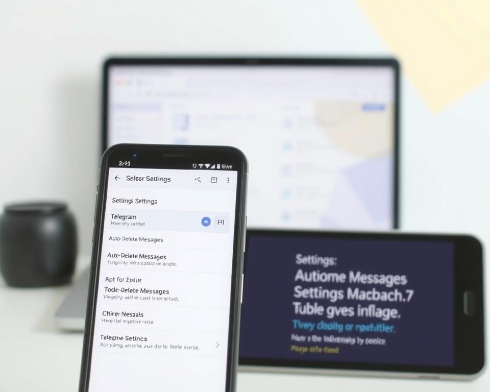 A clean, minimalist tutorial interface set against a soft, pastel background. In the foreground, a smartphone display shows the Telegram app's settings menu, with the "Auto-Delete Messages" option highlighted. The middle ground features a laptop or tablet displaying the same Telegram settings, emphasizing the cross-device synchronization. The background has a subtle grid pattern or abstract geometric shapes, creating a sense of digital organization and structure. The lighting is natural and diffused, giving the scene a calming, instructional feel. The overall composition is balanced and guides the viewer's eye towards the key settings being demonstrated. A clean, minimalist tutorial interface set against a soft, pastel background. In the foreground, a smartphone display shows the Telegram app's settings menu, with the "Auto-Delete Messages" option highlighted. The middle ground features a laptop or tablet displaying the same Telegram settings, emphasizing the cross-device synchronization. The background has a subtle grid pattern or abstract geometric shapes, creating a sense of digital organization and structure. The lighting is natural and diffused, giving the scene a calming, instructional feel. The overall composition is balanced and guides the viewer's eye towards the key settings being demonstrated.