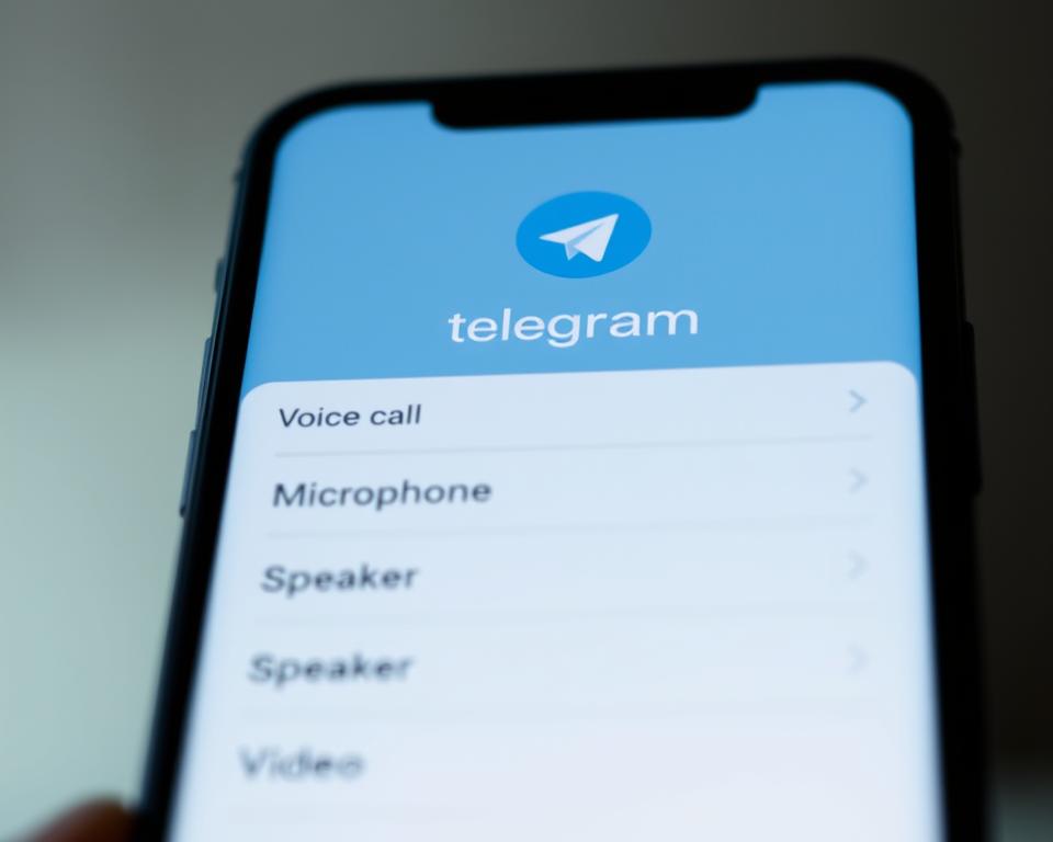 A close-up view of a mobile phone screen displaying the Telegram voice call settings menu. The screen features a clean, minimalist interface with options to toggle various call settings such as microphone, speaker, and video. The background is blurred, creating a soft, out-of-focus effect that draws the viewer's attention to the foreground. The lighting is soft and diffused, creating a calming and professional atmosphere. The camera angle is slightly low, providing a sense of control and authority over the settings. The overall composition is well-balanced, with the Telegram logo prominently displayed at the top of the screen. A close-up view of a mobile phone screen displaying the Telegram voice call settings menu. The screen features a clean, minimalist interface with options to toggle various call settings such as microphone, speaker, and video. The background is blurred, creating a soft, out-of-focus effect that draws the viewer's attention to the foreground. The lighting is soft and diffused, creating a calming and professional atmosphere. The camera angle is slightly low, providing a sense of control and authority over the settings. The overall composition is well-balanced, with the Telegram logo prominently displayed at the top of the screen.