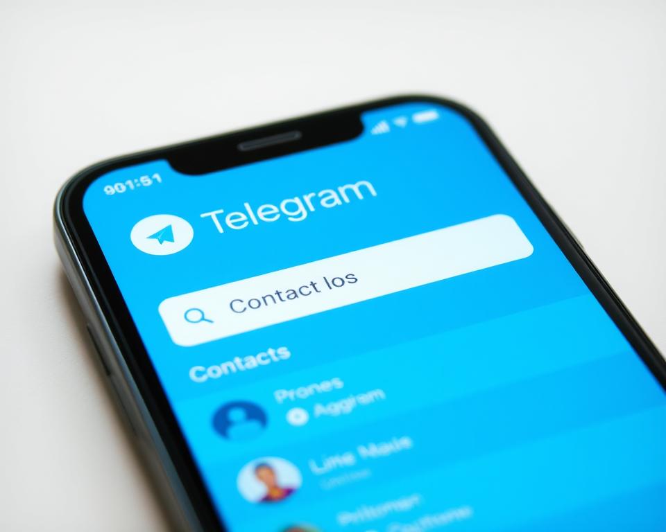 A close-up view of a smartphone screen displaying the Telegram contact search interface. The screen is well-lit, with a soft, warm glow illuminating the clean, minimalist design. The search bar is prominently featured, inviting the user to type in their query. The contacts list is neatly organized, with avatars, names, and online status indicators providing a clear visual hierarchy. The background is slightly blurred, keeping the focus on the search functionality. The overall atmosphere is one of efficiency and user-friendliness, reflecting the ease of finding contacts on the Telegram messaging platform. A close-up view of a smartphone screen displaying the Telegram contact search interface. The screen is well-lit, with a soft, warm glow illuminating the clean, minimalist design. The search bar is prominently featured, inviting the user to type in their query. The contacts list is neatly organized, with avatars, names, and online status indicators providing a clear visual hierarchy. The background is slightly blurred, keeping the focus on the search functionality. The overall atmosphere is one of efficiency and user-friendliness, reflecting the ease of finding contacts on the Telegram messaging platform.