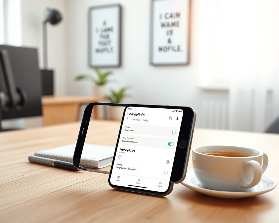 A cozy, well-lit desk setup displaying the "Channel Info Settings" interface of a mobile app. The foreground features a smartphone screen with a clean, intuitive layout showcasing customization options like channel name, profile picture, and description. The middle ground includes accessories like a pen, notebook, and a warm cup of coffee, creating a productive and focused atmosphere. The background depicts a minimalist, natural-toned office setting with a potted plant and a framed motivational artwork on the wall, conveying a sense of professionalism and personal touch. Soft, diffused lighting from a nearby window casts a warm glow across the scene, emphasizing the attention to detail and user-friendly experience. A cozy, well-lit desk setup displaying the "Channel Info Settings" interface of a mobile app. The foreground features a smartphone screen with a clean, intuitive layout showcasing customization options like channel name, profile picture, and description. The middle ground includes accessories like a pen, notebook, and a warm cup of coffee, creating a productive and focused atmosphere. The background depicts a minimalist, natural-toned office setting with a potted plant and a framed motivational artwork on the wall, conveying a sense of professionalism and personal touch. Soft, diffused lighting from a nearby window casts a warm glow across the scene, emphasizing the attention to detail and user-friendly experience.