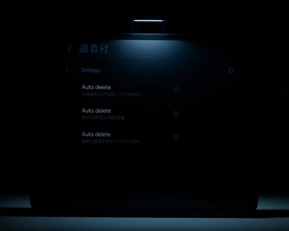 A dark, minimalist interface displaying the "自动删除设置" menu of a messaging app. The screen has a simple, sleek design with clean lines and a muted color palette, perhaps in shades of grey and blue. The settings options are presented in a clear, organized manner, allowing the user to easily navigate and configure the auto-delete functionality. The image conveys a sense of control and customization, reflecting the advanced nature of the feature. Soft, directional lighting illuminates the screen, creating depth and drawing the viewer's attention to the key elements. The overall mood is one of efficiency, professionalism, and technical sophistication. A dark, minimalist interface displaying the "自动删除设置" menu of a messaging app. The screen has a simple, sleek design with clean lines and a muted color palette, perhaps in shades of grey and blue. The settings options are presented in a clear, organized manner, allowing the user to easily navigate and configure the auto-delete functionality. The image conveys a sense of control and customization, reflecting the advanced nature of the feature. Soft, directional lighting illuminates the screen, creating depth and drawing the viewer's attention to the key elements. The overall mood is one of efficiency, professionalism, and technical sophistication.