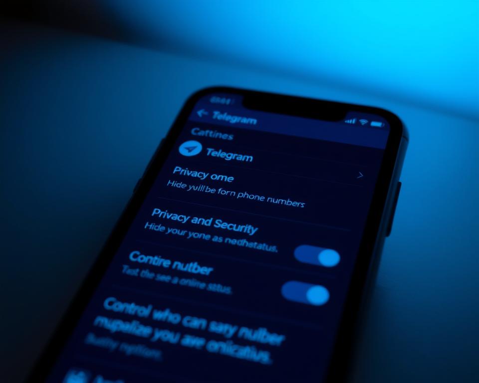 A dimly lit mobile device screen displays Telegram's privacy settings, the UI elements softly illuminated by cool blue tones. In the foreground, the "Privacy and Security" section is highlighted, showcasing options to hide the user's phone number and control who can see their online status. The middle ground features a sleek, minimal Telegram interface, while the background subtly fades into a muted, atmospheric environment, conveying a sense of privacy and security. The composition is balanced, with the privacy settings taking visual prominence, encouraging the viewer to explore the app's customization capabilities. Soft, directional lighting casts gentle shadows, creating depth and emphasizing the importance of Telegram's privacy-focused features. A dimly lit mobile device screen displays Telegram's privacy settings, the UI elements softly illuminated by cool blue tones. In the foreground, the "Privacy and Security" section is highlighted, showcasing options to hide the user's phone number and control who can see their online status. The middle ground features a sleek, minimal Telegram interface, while the background subtly fades into a muted, atmospheric environment, conveying a sense of privacy and security. The composition is balanced, with the privacy settings taking visual prominence, encouraging the viewer to explore the app's customization capabilities. Soft, directional lighting casts gentle shadows, creating depth and emphasizing the importance of Telegram's privacy-focused features.
