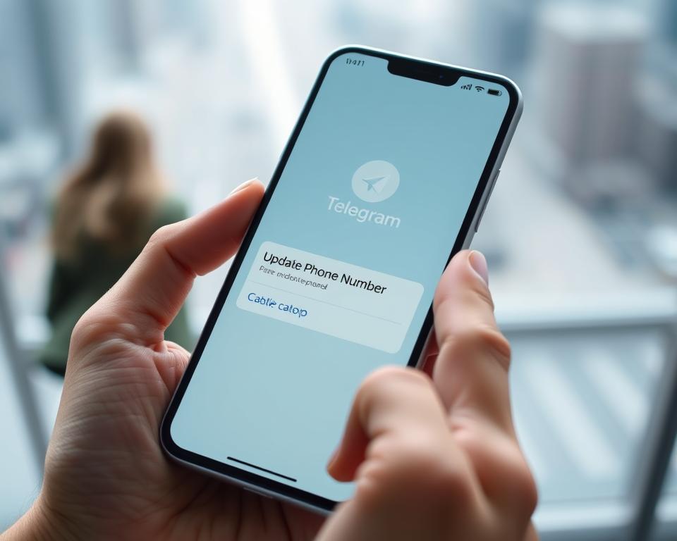 A modern and minimalist smartphone interface, with a clean and intuitive design. The foreground features a Telegram app screen, with a prominent "Update Phone Number" option prominently displayed. The middle ground shows a hand holding the smartphone, showcasing the seamless user interaction. The background has a subtle gradient or blurred cityscape, conveying a sense of mobility and connectivity. The lighting is soft and diffused, creating a calming and professional atmosphere. The camera angle is slightly elevated, giving a bird's eye view of the scene, emphasizing the user-friendly nature of the Telegram app's phone number update process. A modern and minimalist smartphone interface, with a clean and intuitive design. The foreground features a Telegram app screen, with a prominent "Update Phone Number" option prominently displayed. The middle ground shows a hand holding the smartphone, showcasing the seamless user interaction. The background has a subtle gradient or blurred cityscape, conveying a sense of mobility and connectivity. The lighting is soft and diffused, creating a calming and professional atmosphere. The camera angle is slightly elevated, giving a bird's eye view of the scene, emphasizing the user-friendly nature of the Telegram app's phone number update process.