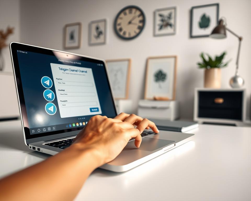 A professional, well-lit photograph showcasing the creation of a Telegram channel. In the foreground, a person's hands are typing on a laptop keyboard, focused on the screen displaying the Telegram channel creation interface. In the middle ground, a Telegram app icon is prominently displayed, conveying the core subject matter. The background features a clean, minimalist workspace with tasteful decor, creating a calming, productive atmosphere. The lighting is soft and directional, highlighting the key elements without harsh shadows. The angle is slightly elevated, providing an engaging, aspirational perspective. The overall mood is one of clarity, efficiency, and the empowerment of personal digital expression. A professional, well-lit photograph showcasing the creation of a Telegram channel. In the foreground, a person's hands are typing on a laptop keyboard, focused on the screen displaying the Telegram channel creation interface. In the middle ground, a Telegram app icon is prominently displayed, conveying the core subject matter. The background features a clean, minimalist workspace with tasteful decor, creating a calming, productive atmosphere. The lighting is soft and directional, highlighting the key elements without harsh shadows. The angle is slightly elevated, providing an engaging, aspirational perspective. The overall mood is one of clarity, efficiency, and the empowerment of personal digital expression.