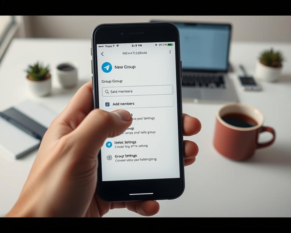 A well-lit, realistic scene depicting the process of creating a Telegram group. In the foreground, a person's hands are shown tapping on a smartphone screen, navigating the Telegram app interface. The middle ground features a close-up view of the Telegram app's "New Group" creation screen, with options for setting a group name, adding members, and configuring group settings. The background shows a clean, minimalist workspace with a laptop, coffee mug, and other office accessories, conveying a sense of productivity and efficiency. The overall mood is one of simplicity, ease, and focus, reflecting the straightforward nature of creating a Telegram group. A well-lit, realistic scene depicting the process of creating a Telegram group. In the foreground, a person's hands are shown tapping on a smartphone screen, navigating the Telegram app interface. The middle ground features a close-up view of the Telegram app's "New Group" creation screen, with options for setting a group name, adding members, and configuring group settings. The background shows a clean, minimalist workspace with a laptop, coffee mug, and other office accessories, conveying a sense of productivity and efficiency. The overall mood is one of simplicity, ease, and focus, reflecting the straightforward nature of creating a Telegram group.