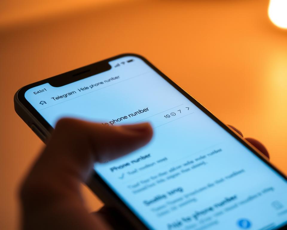 An image of a smartphone screen, its display showing a Telegram settings menu with an option to "Hide phone number". The screen is illuminated by soft, warm lighting, creating a serene, focused atmosphere. The user's hand is gently interacting with the screen, emphasizing the simple, intuitive steps required to conceal one's phone number on the platform. The background is blurred, drawing the viewer's attention to the core action taking place on the device. The overall composition conveys a sense of privacy, security, and control over one's personal information on Telegram. An image of a smartphone screen, its display showing a Telegram settings menu with an option to "Hide phone number". The screen is illuminated by soft, warm lighting, creating a serene, focused atmosphere. The user's hand is gently interacting with the screen, emphasizing the simple, intuitive steps required to conceal one's phone number on the platform. The background is blurred, drawing the viewer's attention to the core action taking place on the device. The overall composition conveys a sense of privacy, security, and control over one's personal information on Telegram.