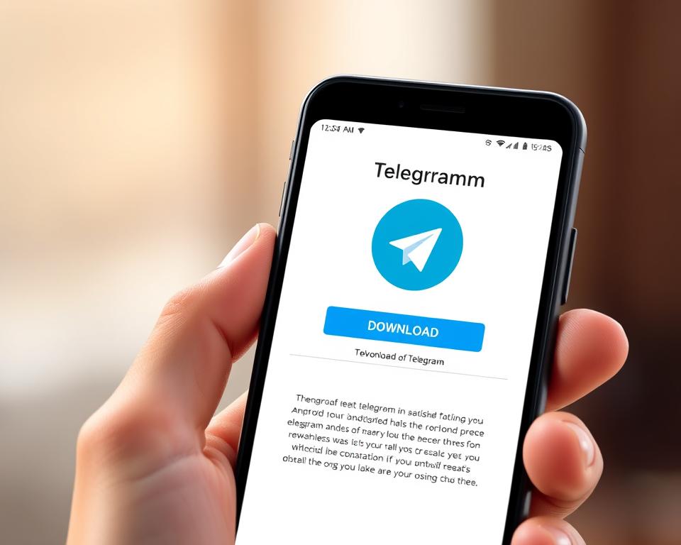 Detailed digital illustration of a smartphone screen displaying the Telegram app download page on an Android device. The screen shows the Telegram logo, a prominent "Download" button, and a clean, minimalist interface with clear instructions. The device is held in a human hand against a blurred background, conveying the seamless user experience of downloading Telegram on an Android smartphone. The lighting is soft and diffused, creating a warm, inviting atmosphere. The overall composition emphasizes the simplicity and accessibility of the Telegram installation process on Android platforms. Detailed digital illustration of a smartphone screen displaying the Telegram app download page on an Android device. The screen shows the Telegram logo, a prominent "Download" button, and a clean, minimalist interface with clear instructions. The device is held in a human hand against a blurred background, conveying the seamless user experience of downloading Telegram on an Android smartphone. The lighting is soft and diffused, creating a warm, inviting atmosphere. The overall composition emphasizes the simplicity and accessibility of the Telegram installation process on Android platforms.