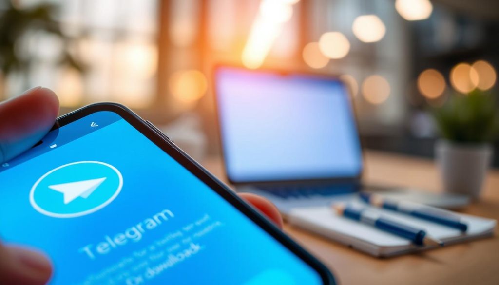 A detailed close-up of a smartphone displaying the Telegram app interface, highlighting the APK download feature. In the foreground, the phone's screen is vibrant, showcasing the Telegram logo and download options, with fingers delicately navigating the interface. The middle layer shows a blurred, modern workspace with a laptop and a notepad, suggesting an environment focused on productivity and security. The background features soft bokeh lights, creating a calm and professional atmosphere. The lighting is warm and inviting, emphasizing the accessibility and user-friendliness of the app. The overall mood is reassuring and informative, highlighting the safety and reliability of downloading the Telegram APK for Android. Ensure no text overlays or watermarks are present in the image composition.