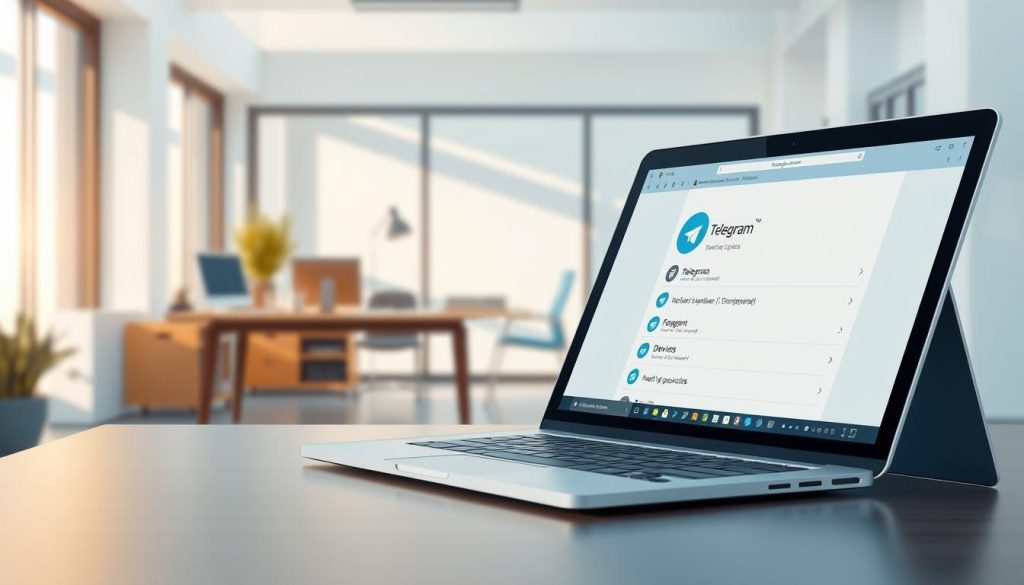 这幅图详细展示了 Telegram 网页版和桌面版应用程序的界面，并突出了“已登录设备”部分。前景中，一台时尚的笔记本电脑和一台平板电脑都打开了 Telegram 应用，设备登录信息通过设备图标和状态指示器等视觉元素清晰呈现。中景则以柔和的虚化视角展现了一个现代办公空间，桌面布置简约。背景中，一扇大窗户透进自然光，投射出柔和的阴影，营造出温馨的氛围。整体风格旨在传达专业性和科技感，布局简洁有序。柔和的冷色调灯光突出了 Telegram 界面，没有任何文字或叠加层，强调了清晰度和用户参与度。