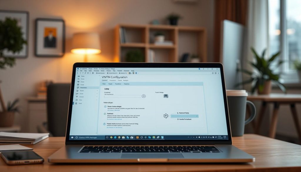 A detailed, visually engaging illustration of VPN configuration on a modern laptop screen. In the foreground, the laptop displays a user-friendly interface with diagrams and icons for VPN settings, illuminated by soft, warm light. The middle layer features a well-organized workspace with accessories like a smartphone, notepad, and a cup of coffee, suggesting productivity and focus. In the background, a cozy office environment with a blurred window view indicates a tranquil atmosphere. The overall mood is professional and inviting, highlighting the importance of secure internet usage. Use a shallow depth of field to emphasize the laptop screen while keeping the background softly out of focus. The lighting should create a warm and focused ambiance, enhancing the image's appeal while maintaining clarity and relevance to VPN usage in constrained regions.