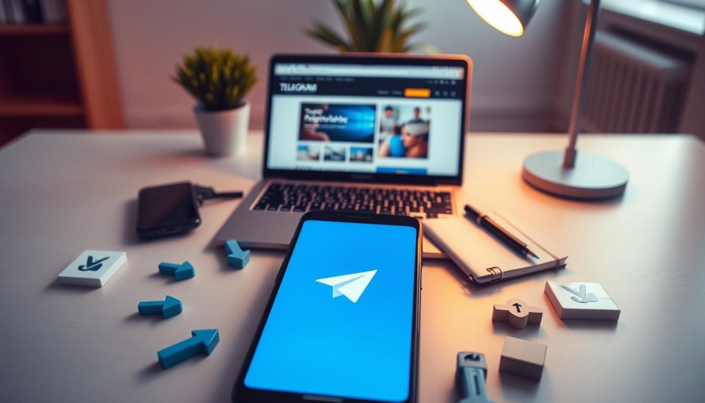 A professional, modern workspace featuring a sleek smartphone displaying the Telegram logo on its screen. In the foreground, focus on the phone surrounded by app-related icons like download arrows and APK files, symbolizing the downloading process. The middle layer should include a stylish laptop open with the Telegram website displayed, along with a notepad and pen for notes, indicating preparation for installation. The background should showcase a softly lit office environment with a neatly organized desk and a potted plant to enhance the cozy atmosphere. Use warm, inviting lighting to create a sense of focus and productivity, capturing the essence of a tech-savvy work setting. The overall mood should be inspiring and informative, encouraging viewers to take action on downloading the Telegram APK.