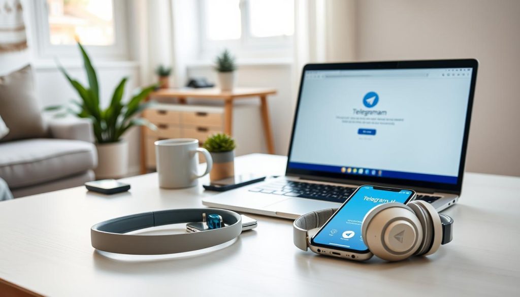 A sleek laptop open to the Telegram installation page on a modern, minimalist workspace desk, with a smartphone displaying the Telegram app next to it. In the foreground, a pair of professional, elegantly designed headphones rests on the table. The middle ground features a clean coffee mug, a small potted plant, and some tech accessories. The background shows a softly lit room with a cozy atmosphere, featuring neutral colors and subtle textures. Natural light streams in from a window, highlighting the tech gadgets. The mood is focused and inviting, emphasizing a productive environment for tech-savvy users. The image should not include any captions, overlays, or watermarks. A sleek laptop open to the Telegram installation page on a modern, minimalist workspace desk, with a smartphone displaying the Telegram app next to it. In the foreground, a pair of professional, elegantly designed headphones rests on the table. The middle ground features a clean coffee mug, a small potted plant, and some tech accessories. The background shows a softly lit room with a cozy atmosphere, featuring neutral colors and subtle textures. Natural light streams in from a window, highlighting the tech gadgets. The mood is focused and inviting, emphasizing a productive environment for tech-savvy users. The image should not include any captions, overlays, or watermarks.