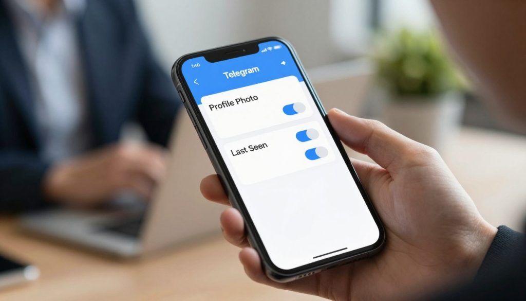 A close-up of a smartphone displaying the Telegram app's privacy settings interface, vividly showcasing options like "Profile Photo" and "Last Seen" with toggles turned on and off. The foreground features a person's hand navigating the screen, dressed in professional business attire, projecting confidence and focus. The middle layer captures the smartphone screen in sharp detail, with a soft glow emphasizing the app’s colors of blue and white. The background is softly blurred with an office setting—subtle hints of a desk and a potted plant—for a professional atmosphere. The lighting is warm and inviting, suggesting a productive workspace. The mood conveys a sense of security and empowerment in managing personal privacy online. A close-up of a smartphone displaying the Telegram app's privacy settings interface, vividly showcasing options like "Profile Photo" and "Last Seen" with toggles turned on and off. The foreground features a person's hand navigating the screen, dressed in professional business attire, projecting confidence and focus. The middle layer captures the smartphone screen in sharp detail, with a soft glow emphasizing the app’s colors of blue and white. The background is softly blurred with an office setting—subtle hints of a desk and a potted plant—for a professional atmosphere. The lighting is warm and inviting, suggesting a productive workspace. The mood conveys a sense of security and empowerment in managing personal privacy online.