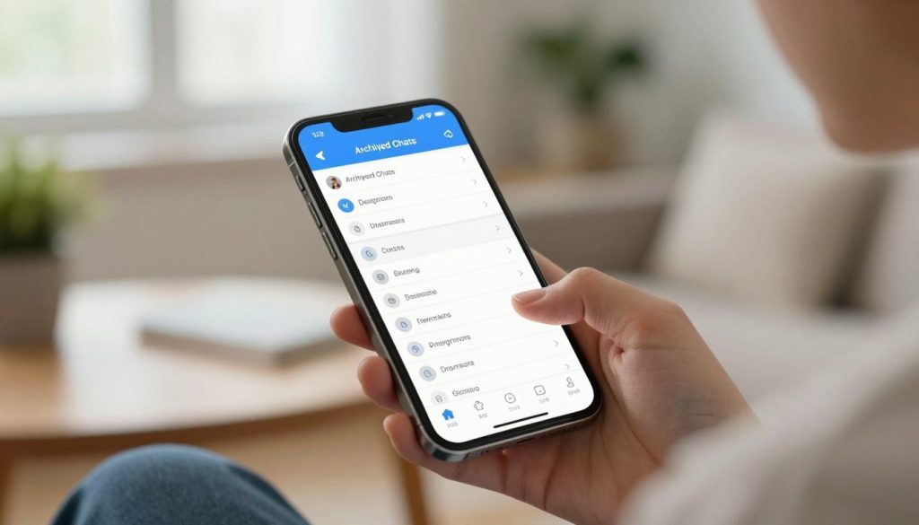 A modern smartphone displaying the Telegram interface, showcasing the process of locating archived messages. In the foreground, a close-up of a person's hand navigating the app, tapping icons to reveal hidden content. The middle ground features a blurred view of the smartphone's screen, showing a section labeled "Archived Chats" with a neat, organized list of messages. In the background, a cozy home workspace environment, with soft, natural lighting coming from a window, creating a warm and inviting atmosphere. The person is dressed in smart casual attire, concentrating on the task at hand. The overall mood is informative and focused, emphasizing clarity and user-friendliness in managing archive settings. A modern smartphone displaying the Telegram interface, showcasing the process of locating archived messages. In the foreground, a close-up of a person's hand navigating the app, tapping icons to reveal hidden content. The middle ground features a blurred view of the smartphone's screen, showing a section labeled "Archived Chats" with a neat, organized list of messages. In the background, a cozy home workspace environment, with soft, natural lighting coming from a window, creating a warm and inviting atmosphere. The person is dressed in smart casual attire, concentrating on the task at hand. The overall mood is informative and focused, emphasizing clarity and user-friendliness in managing archive settings.