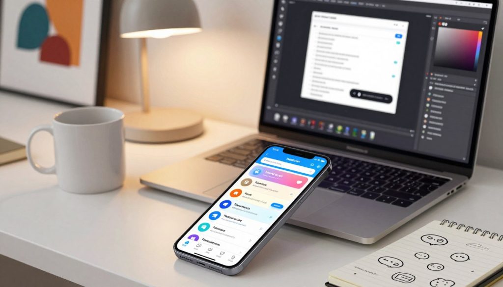 A vibrant and detailed digital workspace showcasing a custom Telegram chat theme. In the foreground, a smartphone displaying a colorful Telegram chat interface with unique themes, featuring vibrant backgrounds, personalized icons, and varied fonts. In the middle, a stylish desk with a laptop open to a design software interface, showcasing the customization process. A stylish mug sits next to the phone, and notepad with doodles of chat icons adds creativity. In the background, a subtle abstract art poster enhances creativity, and a soft, warm light from a desk lamp creates an inviting atmosphere. The scene captures a professional yet relaxed mood, emphasizing advanced customization techniques for Telegram chats. The angle is slightly tilted from above, giving a comprehensive view of the workspace.