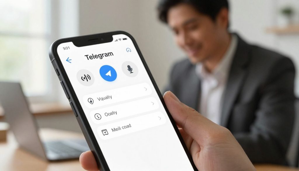 A visually engaging depiction of a smartphone screen showcasing Telegram's voice call settings interface. The foreground highlights the smartphone, displaying a clean and modern interface with icons for audio quality adjustments, microphone settings, and network preferences. In the middle ground, a blurred figure in professional business attire leans over the device, concentrating on the settings, with a slight smile indicating satisfaction. The background features a cozy, well-lit home office environment with soft natural light filtering through a window, creating a warm atmosphere. The overall mood is focused and professional, emphasizing technology and communication. Light reflections on the screen add depth, while emphasizing clarity and user-friendliness. No text or branding is present.