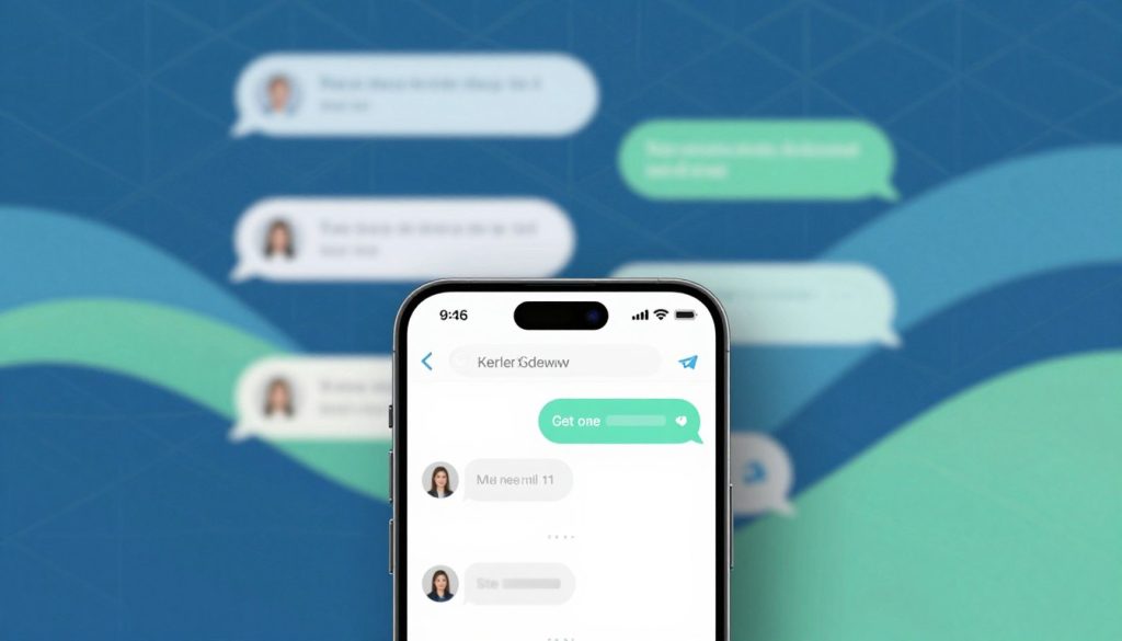 A visually striking illustration of a customized Telegram chat background, showcasing a blend of calming blue and green color schemes with intricate geometric patterns. In the foreground, there is a smartphone displaying an open chat interface, elegantly organized and with a soft glow. The middle layer features various chat bubbles in different shades, hinting at lively conversations. In the background, abstract waves of color flow harmoniously, suggesting creativity and personalization. Soft, natural lighting illuminates the scene, creating a sophisticated and inviting atmosphere. The depth of field focuses on the smartphone while the background gently fades, enhancing the mood of customization and individuality without any text or distractions.