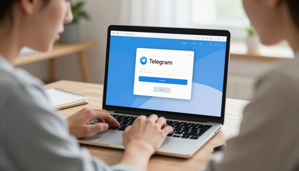 A focused, professional scene depicting a person troubleshooting a laptop displaying the Telegram login page, looking concerned yet determined. In the foreground, a person in modest casual clothing is interacting with the computer, fingers poised over the keyboard. In the middle ground, the laptop screen illustrates a Telegram login error message with visible error indicators. The background is softly blurred to emphasize the subject, featuring a tidy workspace with a plant and a notepad. Natural light streams in from a nearby window, creating a warm and inviting atmosphere. The overall mood conveys problem-solving and persistence, reflecting the theme of overcoming login issues effectively.