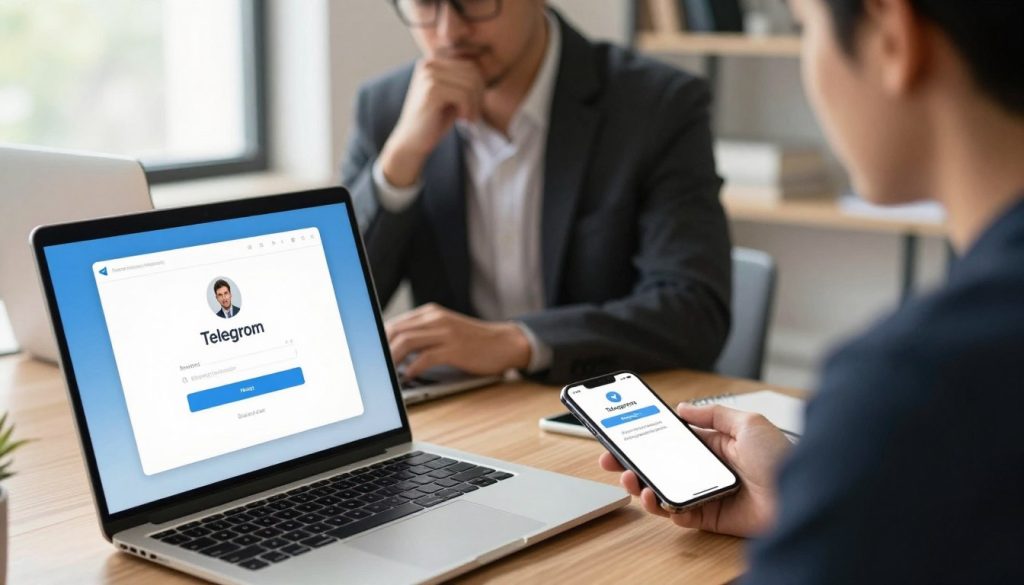 A modern workspace depicting the process of logging into a Telegram account. In the foreground, a sleek laptop displays the Telegram login interface with a user entering their phone number. Beside the laptop, a smartphone shows a two-factor authentication screen. The middle ground features a professional individual in business attire, focused on the laptop, with a thoughtful expression. The background is well-lit, with soft natural light filtering through a window, providing a calm and inviting atmosphere. The overall mood is one of productivity and ease, emphasizing the simplicity of the Telegram login process. The composition is shot from a slightly elevated angle, showcasing the tech-savvy environment.