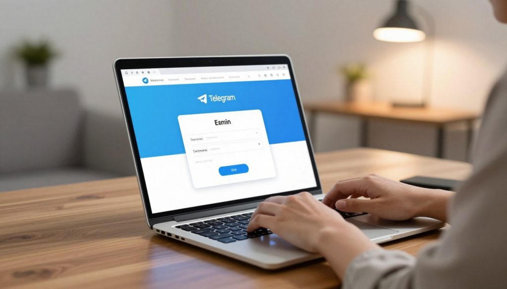 A sleek laptop displaying the Telegram web interface on the screen, highlighting the login page with an engaging blue and white color scheme. In the foreground, there’s a pair of hands typing on the keyboard, wearing smart casual attire, conveying a professional atmosphere. The middle ground features a clear view of the laptop with a subtle reflection on the polished surface of a wooden table, adding to the modern setup. In the background, a softly blurred home office space is visible, with minimalistic decor and a warm ambient light coming from a desk lamp, creating a cozy yet productive environment. The overall mood is focused and inviting, capturing the essence of working efficiently with technology.