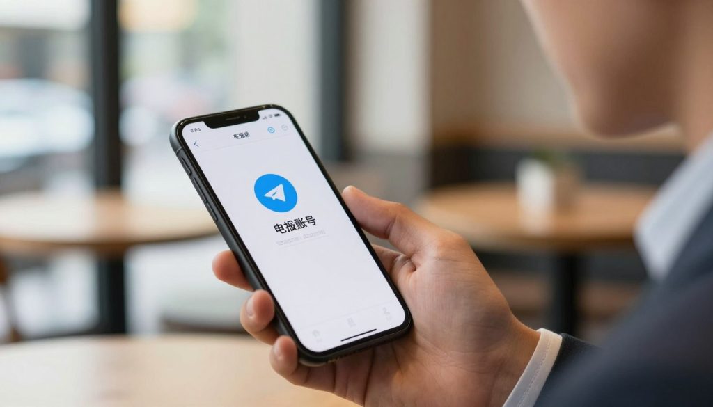 A close-up view of a smartphone displaying the Telegram app interface, highlighting the "电报账号" (Telegram account) in a user-friendly manner. The foreground features a well-dressed professional, focused on the phone, with a background of a blurred urban café setting to suggest connectivity and communication. Soft natural lighting from a nearby window illuminates the scene, creating a welcoming and engaged atmosphere. The angle should be slightly tilted down towards the phone, capturing both the device and the user's intent gaze. Include subtle elements related to internet accessibility, such as a Wi-Fi symbol or a connection bar, to reflect common access challenges and solutions. The overall tone should be informative and optimistic.