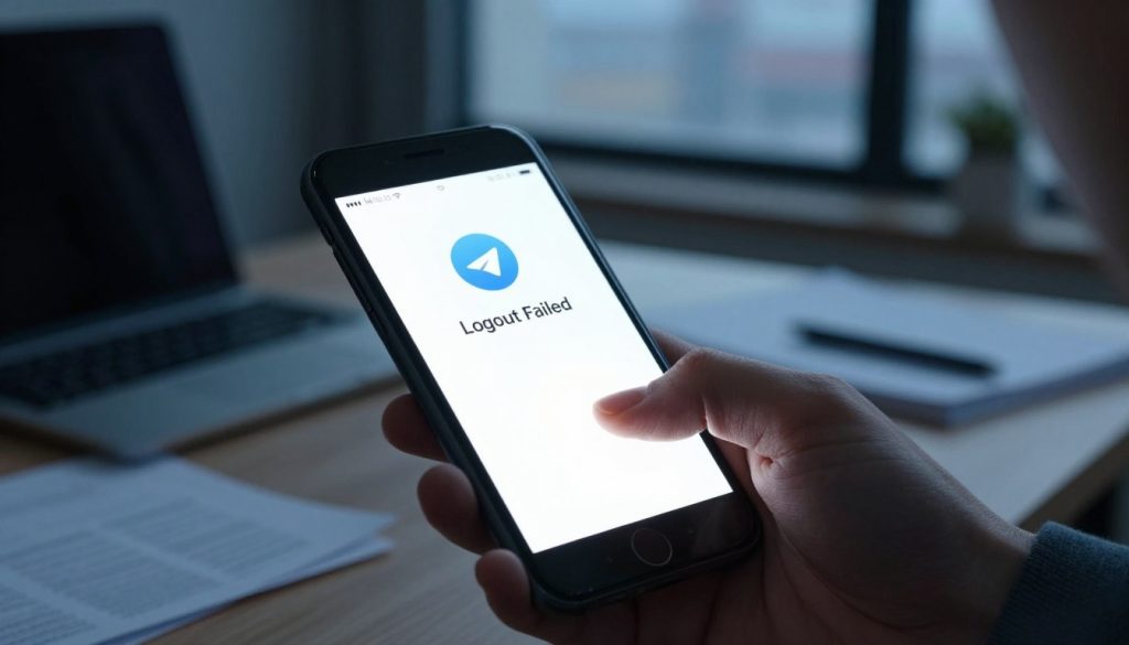 A close-up view of a smartphone screen displaying a "Logout Failed" message from the Telegram app. The screen glows brightly in a dimly lit room, highlighting the frustration of the user through their worried expression. In the foreground, a person's hand is on the smartphone, visibly tense, showing a sense of urgency. In the middle ground, various office items, like a laptop and papers, are subtly placed, hinting at a busy work environment. In the background, a blurred window reveals an urban scene at dusk, contributing to a sense of connectivity issues. The overall mood is one of confusion and determination, with cool blue and gray tones dominating the scene, conveying the technological theme of communication challenges. A close-up view of a smartphone screen displaying a "Logout Failed" message from the Telegram app. The screen glows brightly in a dimly lit room, highlighting the frustration of the user through their worried expression. In the foreground, a person's hand is on the smartphone, visibly tense, showing a sense of urgency. In the middle ground, various office items, like a laptop and papers, are subtly placed, hinting at a busy work environment. In the background, a blurred window reveals an urban scene at dusk, contributing to a sense of connectivity issues. The overall mood is one of confusion and determination, with cool blue and gray tones dominating the scene, conveying the technological theme of communication challenges.