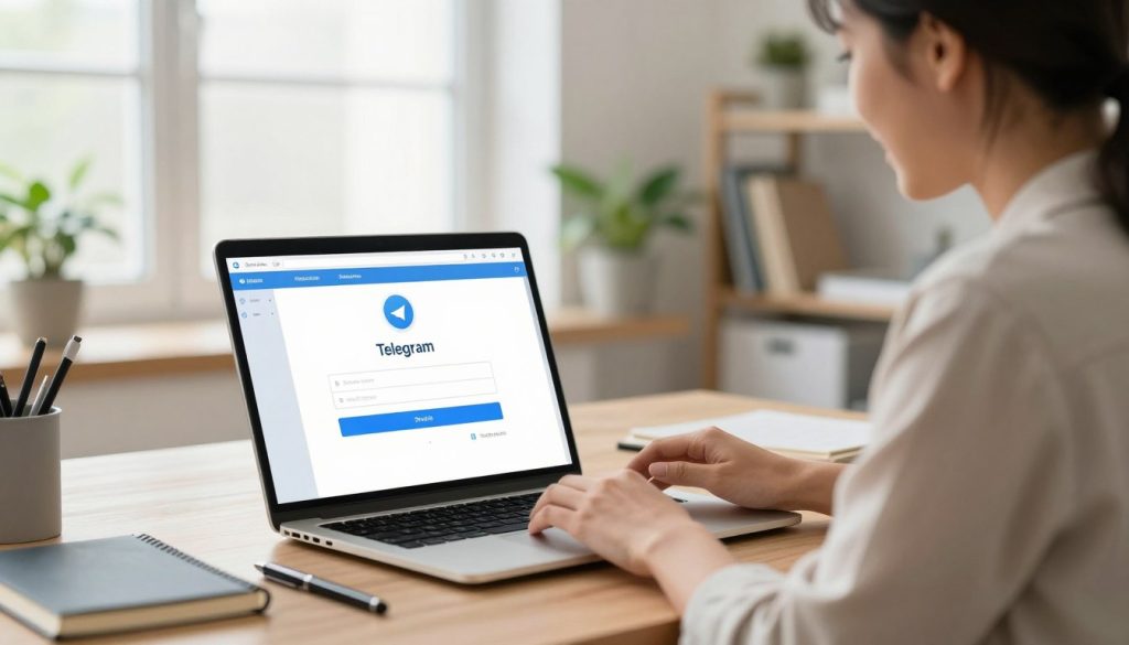 A detailed illustration of a step-by-step guide for registering on Telegram, set in a modern, well-lit workspace. In the foreground, depict a sleek laptop displaying the Telegram registration page, surrounded by stationery like notebooks and pens. In the middle ground, feature a friendly, professional-looking person (either gender) wearing business-casual attire, attentively following the registration steps on the device. The background includes a minimalistic office with plants, a large window allowing natural light to flood the scene, and a soft-focus bookshelf. The atmosphere is calm and focused, emphasizing the ease of access and user-friendliness of the registration process. Use soft, warm lighting to create an inviting and productive mood, with a slight depth of field to enhance the subject's engagement with the task.