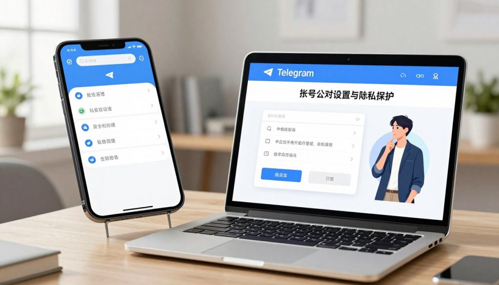 A detailed illustration of the Telegram registration tutorial specifically for Chinese users, focusing on "Account Security Settings and Privacy Protection." In the foreground, depict a stylish laptop with the Telegram registration page open, showing options for security settings and privacy features. In the middle background, include elements like a smartphone displaying notification settings and a figure (a young Asian professional dressed in smart casual attire) reviewing the settings with a thoughtful expression. The background should feature a modern, serene home office environment, softly lit with natural light coming through a window. The overall mood should be informative and encouraging, suggesting user empowerment through privacy protection.