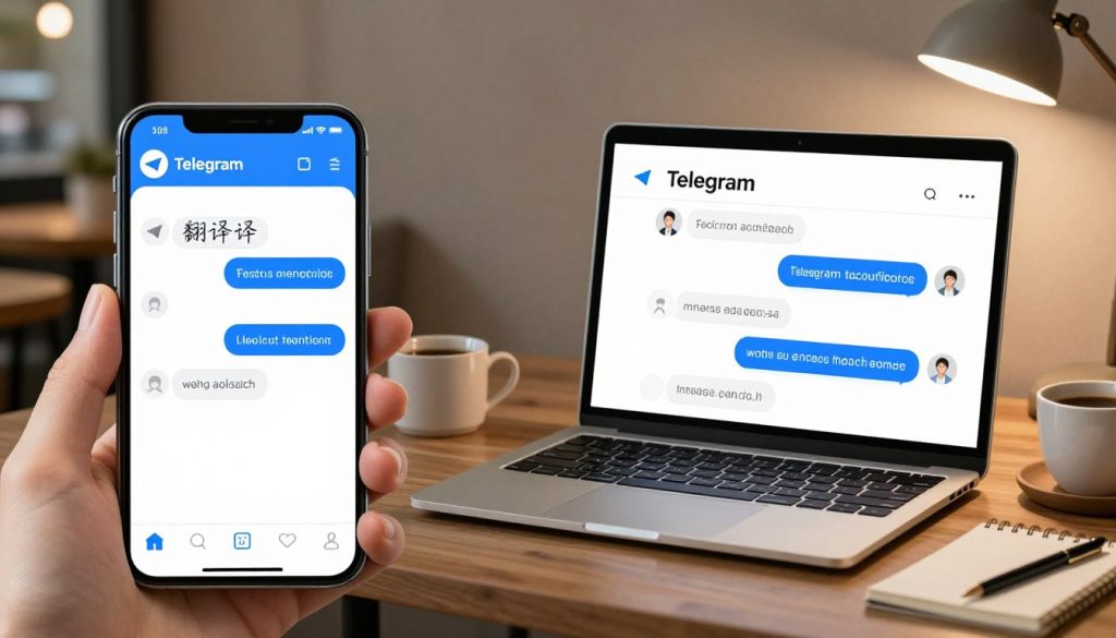 A detailed split-screen illustration demonstrating the differences in the text translation features of Telegram on mobile and desktop platforms. On the left side, depict a close-up view of a smartphone with the Telegram app open, featuring a user seamlessly translating a message in a vibrant, user-friendly interface. The background should show a cozy café setting with warm lighting. On the right side, present a laptop screen displaying the same Telegram conversation, emphasizing the translation process in a sleek, professional workspace environment, illuminated by soft desk lamp lighting. Include elements like a coffee cup and notepad on the desk to enhance the atmosphere. The overall mood should be informative and engaging, inviting the viewer to explore the translation functions. A detailed split-screen illustration demonstrating the differences in the text translation features of Telegram on mobile and desktop platforms. On the left side, depict a close-up view of a smartphone with the Telegram app open, featuring a user seamlessly translating a message in a vibrant, user-friendly interface. The background should show a cozy café setting with warm lighting. On the right side, present a laptop screen displaying the same Telegram conversation, emphasizing the translation process in a sleek, professional workspace environment, illuminated by soft desk lamp lighting. Include elements like a coffee cup and notepad on the desk to enhance the atmosphere. The overall mood should be informative and engaging, inviting the viewer to explore the translation functions.