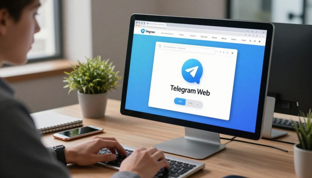 A detailed view of a desktop computer screen displaying the Telegram Web interface, showcasing a clean and modern design with vibrant colors. In the foreground, a person, dressed in professional business attire, is attentively interacting with the screen, typing on a sleek keyboard. The middle ground features a stylish desk with a smartphone, notebooks, and a plant for a touch of freshness. In the background, soft ambient lighting creates a welcoming atmosphere, and a blurred cityscape is visible through a nearby window, suggesting an office environment. The scene conveys a sense of productivity and ease of use, highlighting the functionality of Telegram Web for users. The perspective is slightly angled to emphasize both the screen and the user's engagement.