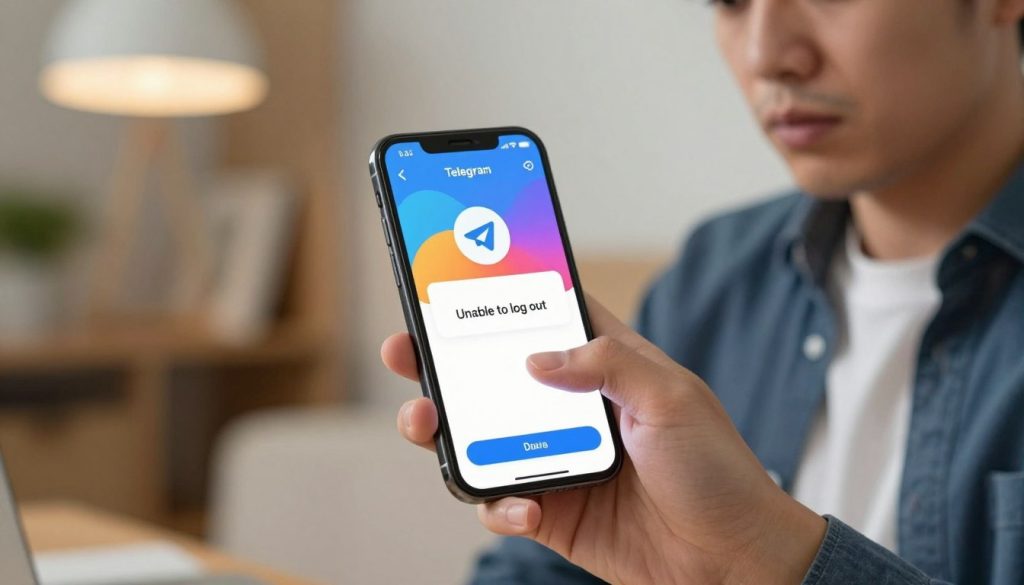 A focused view of a smartphone screen displaying the Telegram app interface, where a user is experiencing difficulty logging out of their account. The foreground features a close-up of the phone in the hands of a professional-looking person, dressed in smart casual attire, showing a concerned expression while attempting to navigate the app. In the middle ground, the screen shows a message indicating "Unable to log out," with vibrant colors and clear icons, highlighting the frustration users face. The background is a softly blurred, modern indoor setting, suggesting a home or office environment, with warm, ambient lighting. The overall mood conveys a mix of concern and determination, emphasizing the troubleshooting steps needed to address the issue. A focused view of a smartphone screen displaying the Telegram app interface, where a user is experiencing difficulty logging out of their account. The foreground features a close-up of the phone in the hands of a professional-looking person, dressed in smart casual attire, showing a concerned expression while attempting to navigate the app. In the middle ground, the screen shows a message indicating "Unable to log out," with vibrant colors and clear icons, highlighting the frustration users face. The background is a softly blurred, modern indoor setting, suggesting a home or office environment, with warm, ambient lighting. The overall mood conveys a mix of concern and determination, emphasizing the troubleshooting steps needed to address the issue.