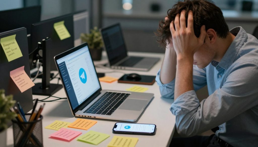 A frustrated young professional sitting at a cluttered desk, hands on their head, surrounded by various electronic devices, including a smartphone displaying the Telegram app. The foreground features an array of colorful sticky notes with troubleshooting tips scattered around. In the middle, a laptop screen is open, showing a crowded chat window with a faded Telegram logo in the corner. The background reveals a blurred office environment with dim lighting, creating a tense atmosphere that reflects the challenges of technology failure. The scene is captured at a slight angle, emphasizing the chaotic struggle with modern communication barriers. The overall mood conveys frustration and the desire for resolution. A frustrated young professional sitting at a cluttered desk, hands on their head, surrounded by various electronic devices, including a smartphone displaying the Telegram app. The foreground features an array of colorful sticky notes with troubleshooting tips scattered around. In the middle, a laptop screen is open, showing a crowded chat window with a faded Telegram logo in the corner. The background reveals a blurred office environment with dim lighting, creating a tense atmosphere that reflects the challenges of technology failure. The scene is captured at a slight angle, emphasizing the chaotic struggle with modern communication barriers. The overall mood conveys frustration and the desire for resolution.