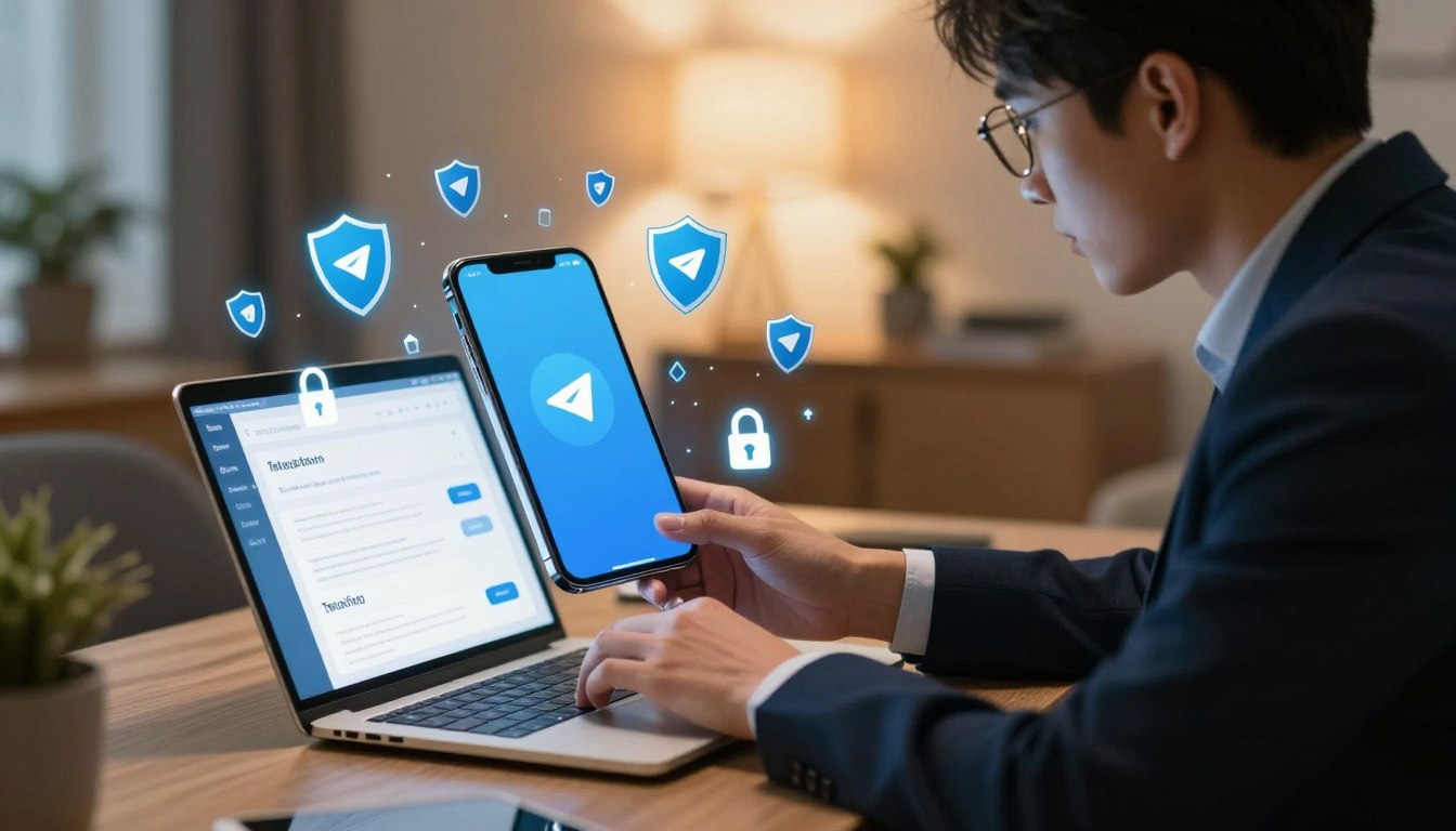 A modern digital workspace depicting the theme of enhancing Telegram account security. In the foreground, a professional individual, dressed in smart business attire, is attentively analyzing security settings on a laptop, with various cybersecurity icons and graphics emanating from the screen. The middle layer features a sleek smartphone displaying the Telegram logo, surrounded by shields and locks symbolizing protection. The background showcases a stylish home office environment with warm lighting, emphasizing a focused and secure atmosphere. The overall mood is one of vigilance and professionalism, inspiring a sense of safety and technical competence in safeguarding online accounts.